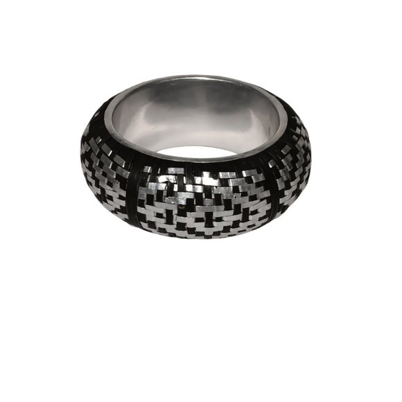 Rounded Bangle Bracelet Black Rattan and Aluminum Metal Weave 2" Wide - Picture 5 of 7